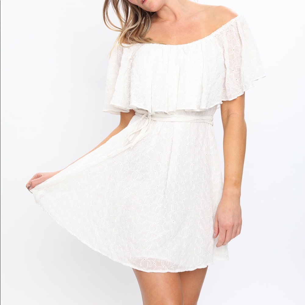 Off the shoulder white eyelet dress